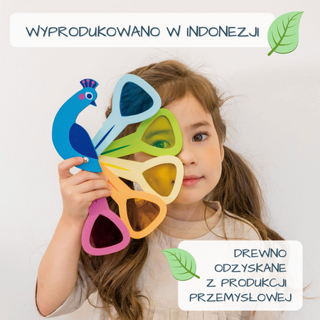 Drewniana zabawka, Poznajemy kolory - paw z kolorowymi szybkami, Tender Leaf Toys