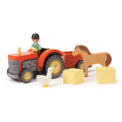 Drewniany traktor z przyczepą i akcesoriami, Tender Leaf Toys